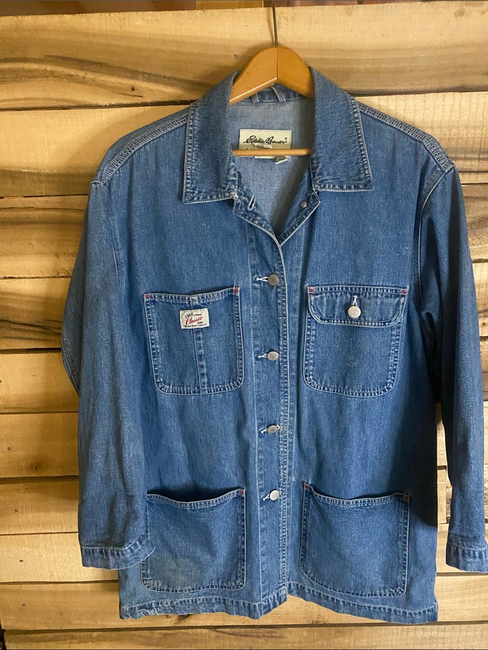 Eddie Bauer Classic Medium Blue Denim chore Jacket size small oversize